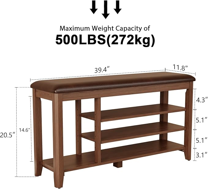 Solid Rubberwood Shoe Bench with Cushion, 3-Tier Entryway Bench with 14.6" Tall Boot Storage, Adjustable Shelves Shoe Rack Bench Used for Mudroom, Bedroom, Hallway, Walnut Finish (39.4" W)