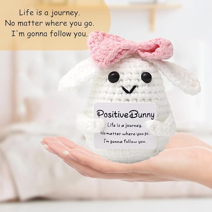 WASTIME Funny Knitted Wool Doll Toy with Positive Card - Creative Cute Mini Crochet Positive Potato Dolls Cheer Up Gift for Family Kids Friends Encouragement Decoration (C- Positive Bunny)