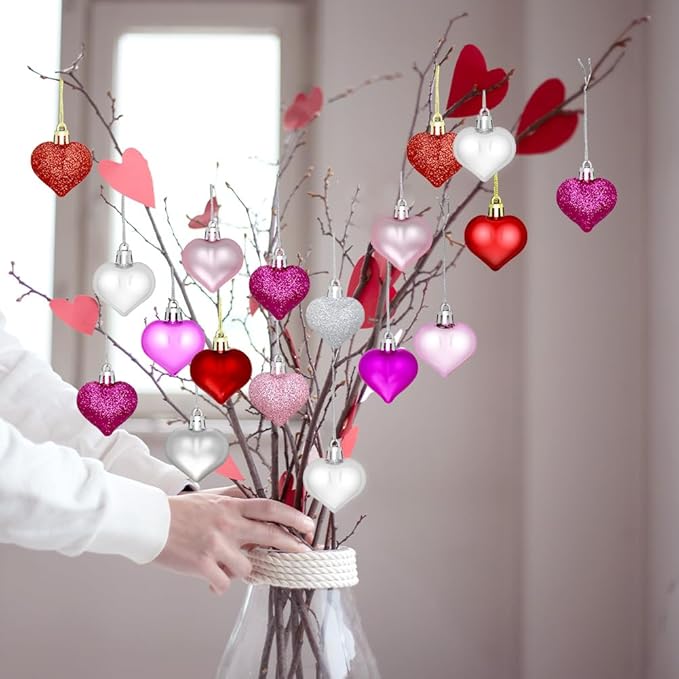 48PCS Heart Ornaments Valentine Ornaments for Tree Decorations, Valentines Day Heart Decorations (4 Colors)