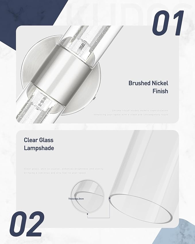 kudos Brushed Nickel Bathroom Sconces Wall Lighting, LED Bathroom Vanity Light Fixtures with Crystal Bubble and Clear Glass, 3000K/4500K/6000K Adjustable, KDVL05-BN-2