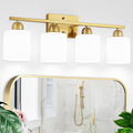 4 Light Gold Light Fixture Bathroom, Brushed Gold Vanity Light with Milky White Frosted Glass Shades, Lights for Bathroom Mirror for Living Room Bedroom Hallway E26 Base