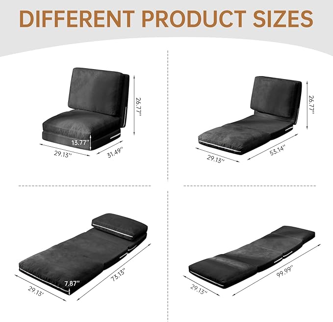 Bean Bag Chairs for Adults,Folding Sofa Bed,Floor Couch Bed, Foam Filling Fold Floor Mattress with Washable Soft Faux Fur Cover, Leisure Floor Couch for Bedroom Living Room(Black,Single)
