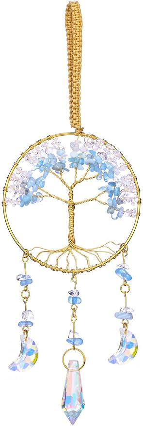 CrystalTears Crystal Tree Life Hanging Ornament Handmade Aquamarine Clear Quartz Healing Crystal Gemstone Glass Suncatcher for Home Window Wall Decoration Crystal Gifts for Women Men Friends