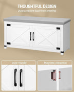 Shoe Storage Bench, 2 Tier Shoe Bench with Padded Seat Cushion & 2 Barn Doors, Entryway Bench with Adjustable Shelf, Farmhouse Shoe Cabinet for Living Room, Bedroom, White SB26603GY