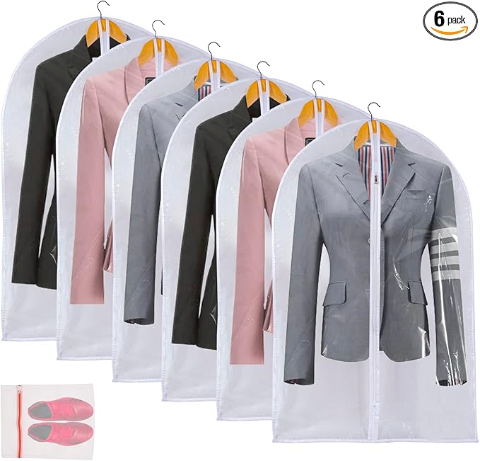 Clear Garment Bags For Hanging Clothes, 36" Women Suit Bags, Plastic Garment Bags for Closet Storage, Suit Cover Bags with Zipper for Short Coats, Jackets, Shirts 24"x36"/ 6 Pack