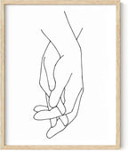 Holding Hands Wall Art Interlocking Fingers Connection Continuous Line Drawing 11x14 Inch Oak Wood Beige Framed Modern Minimalist Unity Print for Bedroom