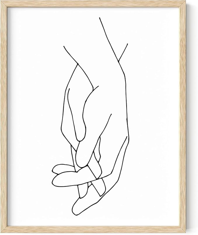 Holding Hands Wall Art Interlocking Fingers Connection Continuous Line Drawing 11x14 Inch Oak Wood Beige Framed Modern Minimalist Unity Print for Bedroom
