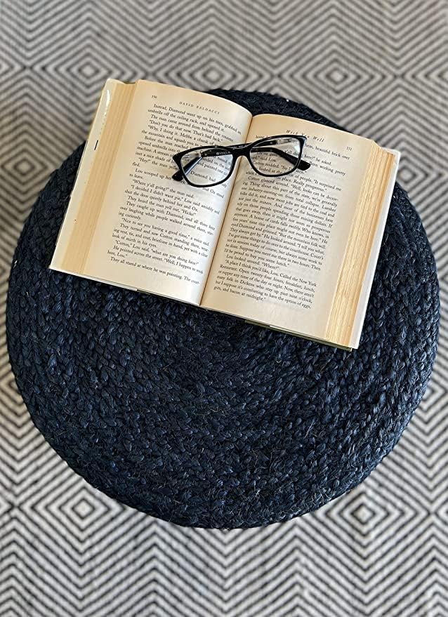 S & L Homes Pouf Ottoman - 100% Jute Braided Footrest Pouf Hand Knitted Traditional Cord Boho Pouffe for Living Room, Bedroom, Nursery, Patio, Lounge Colorblock - Natural Navy (20”x20”x10”)