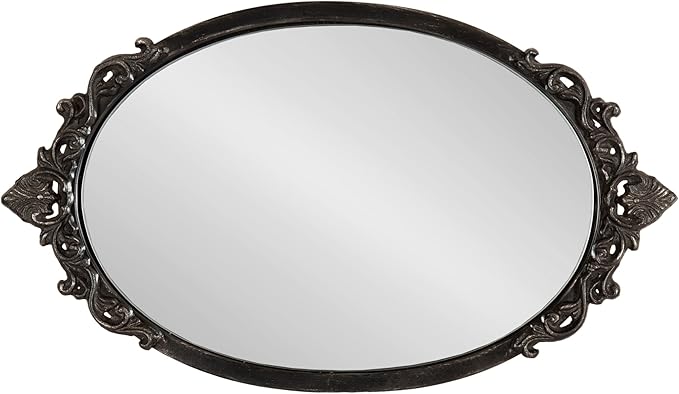 Kate and Laurel Arendahl Vintage Oval Mirrored Decorative Tray; 17 x 10; Antique Black; Traditional Ottoman Tray for Living Room Home Decor with Ornate Detailing