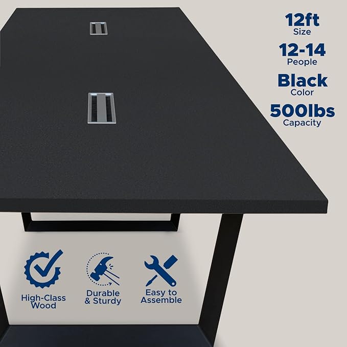 Sturdy Conference Table with Cable Management Grommets Modern Rectangle Office Meeting Table with Wood Tabletop and Metal Frame & Legs- Easy Assembly Boardroom Table (Black, 12 Foot)
