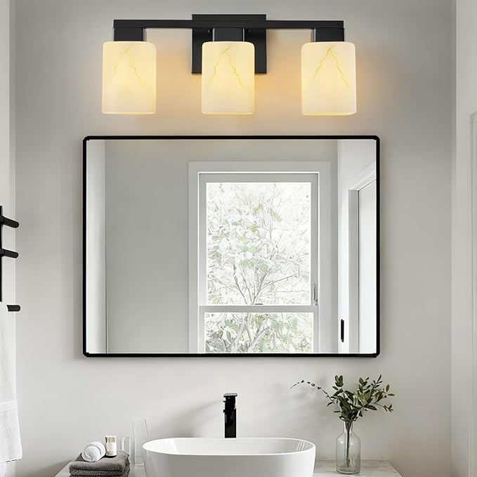 3-Light Square Bathroom Light Fixture, Matte Black Modern Vanity Light with White Marble Glass Shade, for Bathroom Mirror, Living Room, Bedroom, Hallway, E26 Base