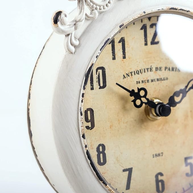 NIKKY HOME Small Vintage Table Clock, Decorative Shelf Desk Top Clock Battery Operated Round French Design, Farmhouse Home Decor for Bathroom, Tabletop, Desktop, Countertop, Rustic Beige