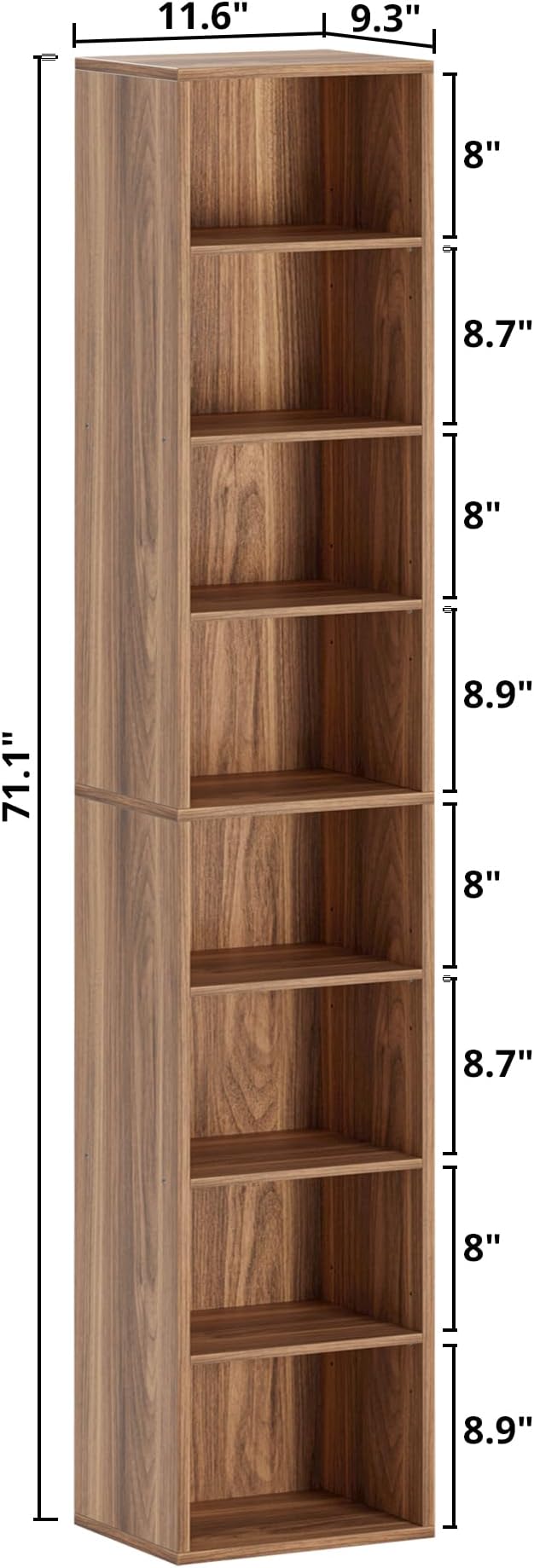 IRONCK Tall Narrow Bookshelf 8 Tiers, Compact Corner Bookcase, Easy to Match for Living Room, Office, Study, Bedroom, Oak Brown