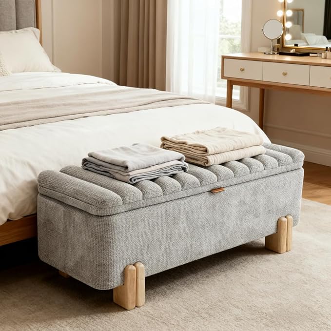 Kmax 45" Storage Bench Velvet Entryway Bench Upholstered Ottoman Bench with Wavy Top & Safty Hinge for Bedroom Living Room Hallway, Grey