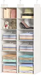Dual-Row Hanging Closet Organizer – Foldable Clothes Storage Shelves with 3 Hooks, Space-Saving Wardrobe Organizer for Dorm Rooms, Bedroom or Closet (White, 6 Tier)