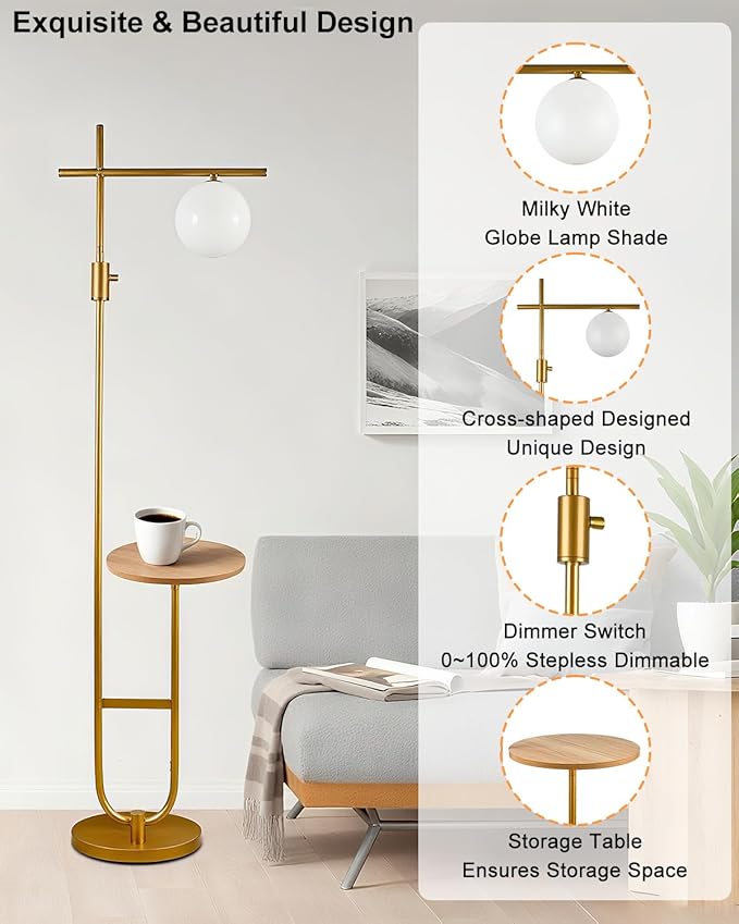 Lightdot 66IN Gold Dimmable Floor Lamps with Table, Modern Standing Tall Lamp with Globe Lampshade, Cross-Shaped Lamp Head U-Pole Base for Living Room/Bedroom/Sofa Beside/Corner Decor(Bulb Included)