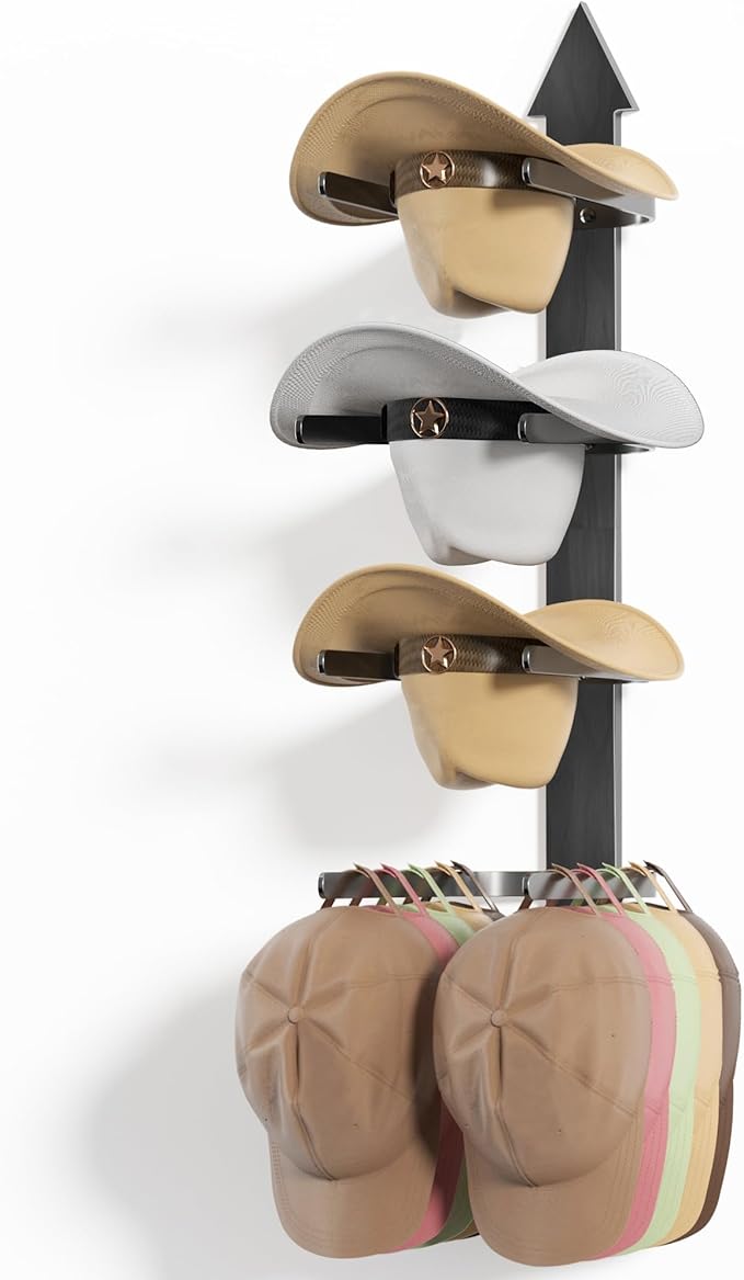 Cowboy Hat Rack for Wall, Cowboy Hat Holder Wall Mount Holds up to 4 Hats, Wooden Western Rustic Metal Hat Hanger with Arrow Sign Board, Hat Organizer for Cowboyhat, Fedora,Sun Hats (Black)