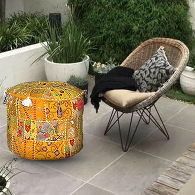 Aakriti Indian Footstool with Embroidery Pouf, Indian Cotton, Pouf, Ottoman Pouf Cover with Ethnic Decor Art – Cover (Yellow, 46 x 33 cm)