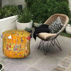 Aakriti Gallery Indian Pouf Footstool - Ethnic Embroidered Ottoman Pouf Cover, Cotton Round Pouffe - Yellow, 22x14