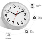 12 Inch Wall Clock Battery Operated Silent Non Ticking Analog Modern Decorative for Office Kitchen Outdoor Living Room Classroom Bedroom Bathroom School(Silver)