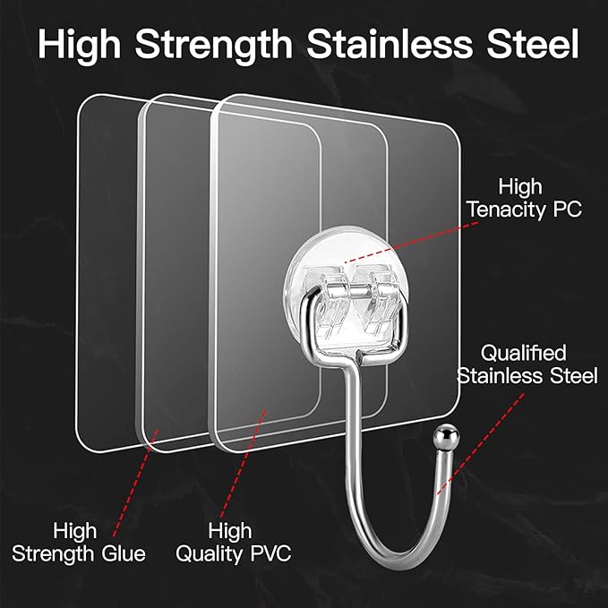 Large Adhesive Hooks for Hanging Heavy-Duty 44Ib(Max) 20 Packs, Wall Hangers without Nails Self-Adhesive Traceless Clear and Removable, Waterproof and Rustproof Multiple Uses for Bathroom Kitchen Home