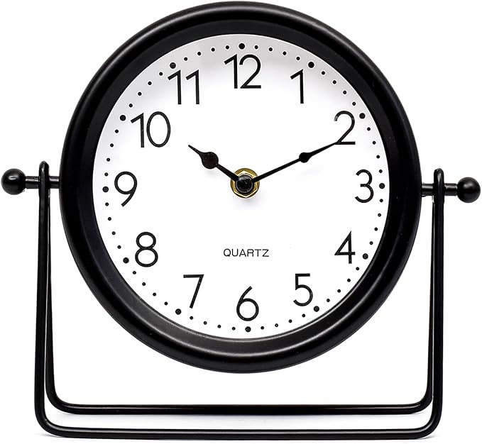 Vintage Black Table Clock on Stand, Decorative Desk and Shelf Clock Decorative Battery Operated Table Top Decor for Living Room，Silent Non-Ticking