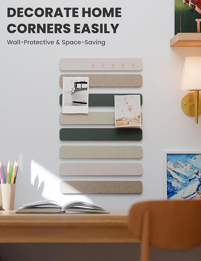 Cork Board Alternative Felt Strip Board 8-Pack 13"x2", Office Pin Board with 50 Push Pins, Adhesive Install for Bedroom Door & Home Office(Nordic Moss)