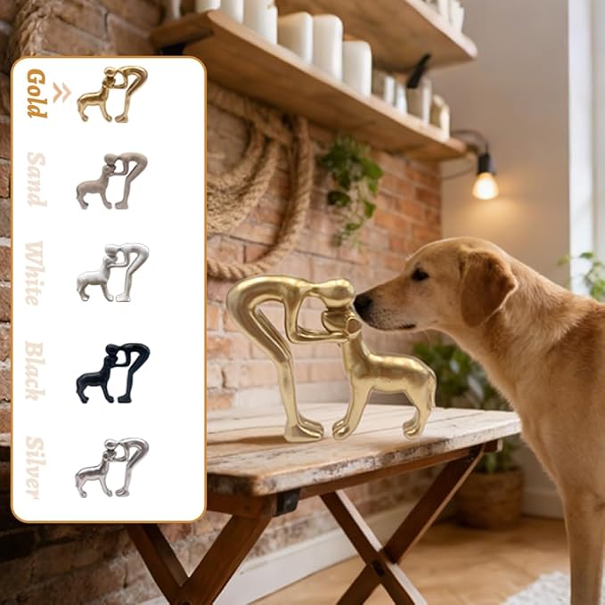 Human and Dog Statue Decoration, Cute Pet Sculpture Home Decor Tabletop Ornament Figurines Office Living Room Bedroom Home, for Dog Lovers Friends Family Decoration, Gold Color