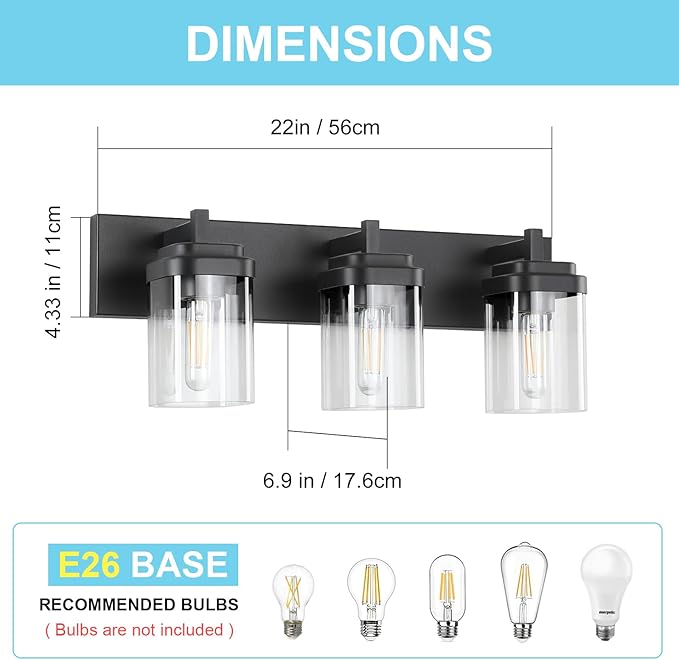 Vanity Light Fixture,3-Light Vanity Light for Bathroom,Matte Black Bathroom Vanity Lighting Over Mirror with Square Clear Glass Shade for Restroom