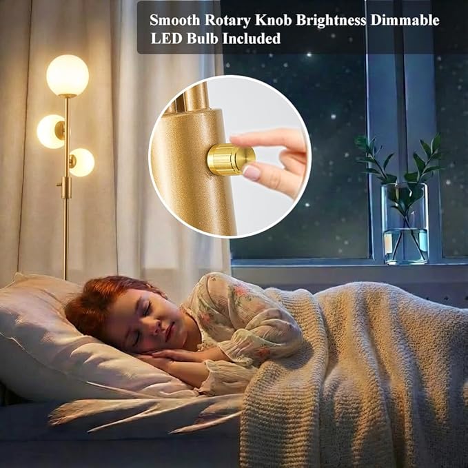 Fiqevs Upgrade Dimmable Floor Lamp, 3 Globe Mid Century Floor Lamps for Living Room with Frosted Glass Shade and 3 LED Bulbs, Vintage Modern Gold Standing Lamp for Bedrooms, Office - Antique Brass