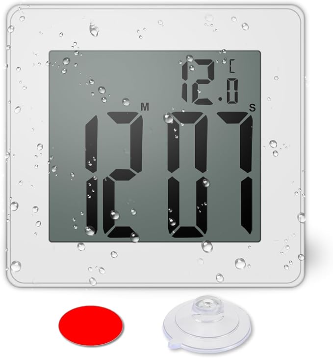 Digital Shower Clock, Large LCD Display Waterproof Timer for Shower, Suction Cups for Home (White) - Only Military time and ℃ Display