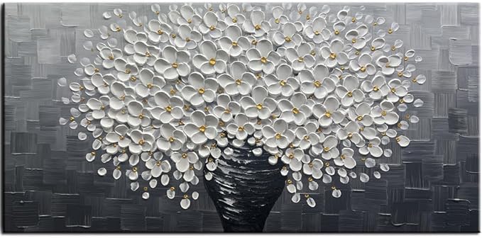 YaSheng Art - White Flower Oil Painting on Canvas 3D Thick Texture Black and White Floral Vase Canvas Wall Art Modern Abstract Art Home Bedroom, Dining Room, Living Room, Office Wall Decor 24x48inch