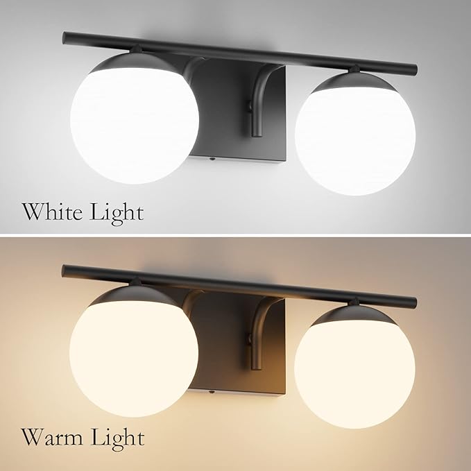 Ralbay Black Mid Century Modern 2-Light Bathroom Vanity Light Fixtures with Matte Black Milky Glass Globe