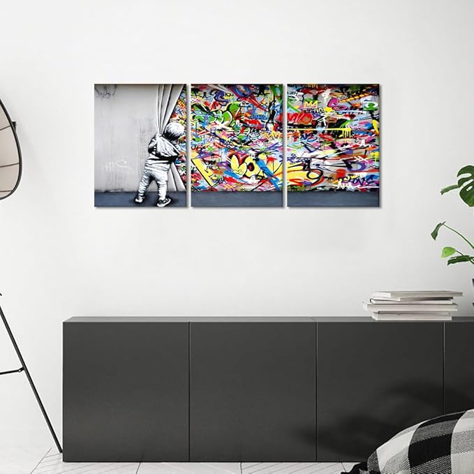 Novatique Banksy Wall Art Street Graffiti Wall Art Behind The Curtain Graffiti Posters Paintings Street Art Prints Decor for Living Room Bedroom, 12" x 16" x 3Pcs