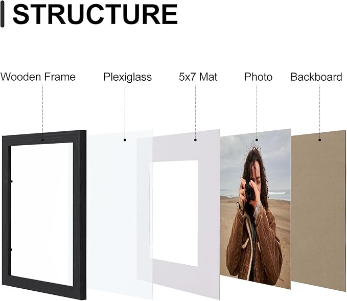 Vittanly 8x10 Picture Frames Set of 9, Display 5x7 Pictures with Mat or 8x10 without Mat, Photo Frames for Wall or Tabletop with Plexiglass, Engineered Wood, Black&Grey&White