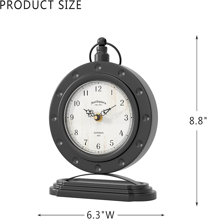 Vintage Table Clock, Desk and Shelf Mantel Clock, Antiques London Style Black Decor Clocks, for Farmhouse, Living Room, Bedroom, Bedside, Gift (8.8" H x 6.3" W)