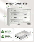 Marsail Farmhouse 8 Drawer Dresser, Wood Chest of Drawers with Natural Texture, Smooth Gliding Drawers, Versatile Storage Organizer Cabinet for Bedroom & Living Room, White