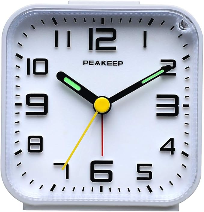 Peakeep 3D Numbers No Tick-Tock Analog Alarm Clock with Classic Beep Sound, Snooze, Manual Light and Battery Powered Small for Travel (White-3D)