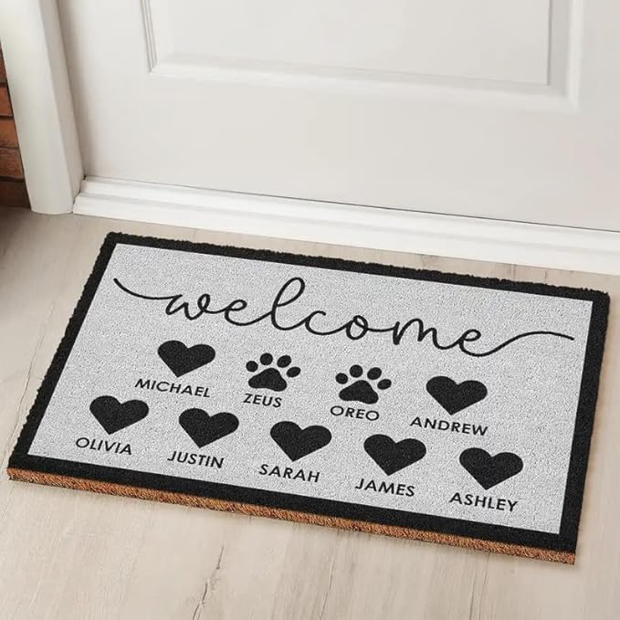 Personalized Coconut Doormat - Welcome Entryway Décor Gift, Custom Family Name Keepsake for Home, Thoughtful Housewarming, Anniversary or Everyday Front Door Accent - Welcome Family Heart Pawprints