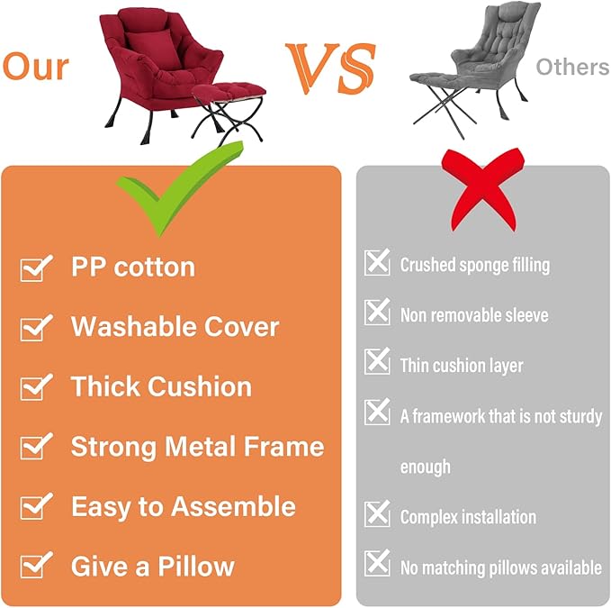 Lazy Chair with Ottoman, Large Lounge Accent Chair with Ottoman and a Throw Pillow, Burgundy Reading Chair for Living Room Bedroom Dorm Room Office Apartment Relaxing Use