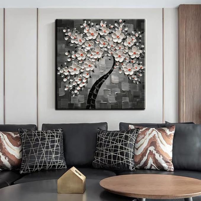YaSheng Art- 3D White Flowers Oil Paintings on Canvas Thick Texture Black and White Canvas Wall Art HandPainted Abstract Artwork Home Decorations Modern bedroom Dining Room Wall Art Ready to Hang 24x24inch