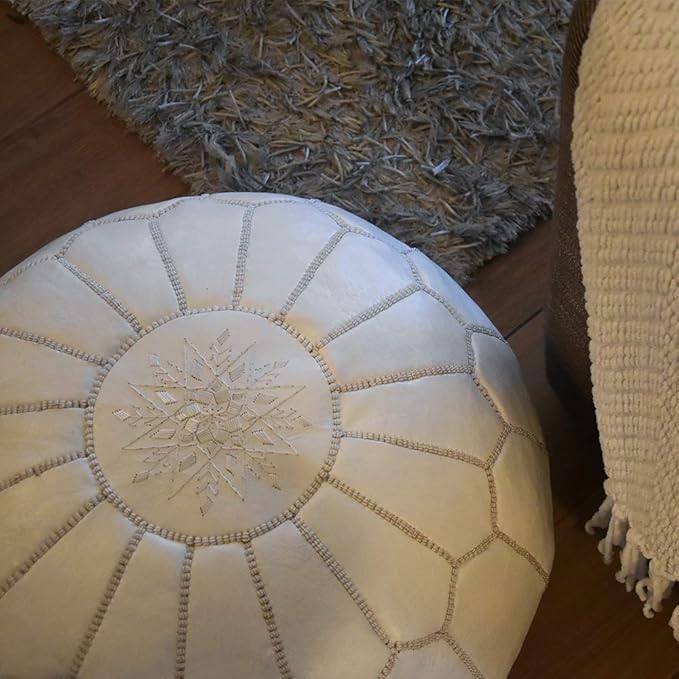 Poufs&Pillows Premium Moroccan Leather Pouf - Handmade - Delivered Stuffed - Ottoman, Footstool, Floor Cushion (White)