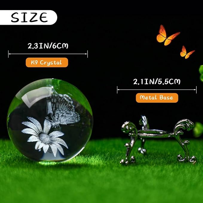 HDCRYSTALGIFTS 60mm Butterfly Crystal Ball Paperweight,3D Laser Engraved Butterfly on Sunflower in Glass Ball with Stand Decorative Glass Sphere Home Decor Gifts for Women Girls