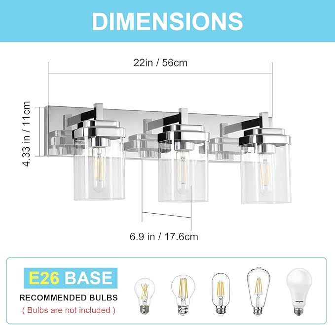 Vanity Light Fixture,3-Light Vanity Light for Bathroom,Chrome Bathroom Vanity Lighting Over Mirror with Square Clear Glass Shade for Restroom