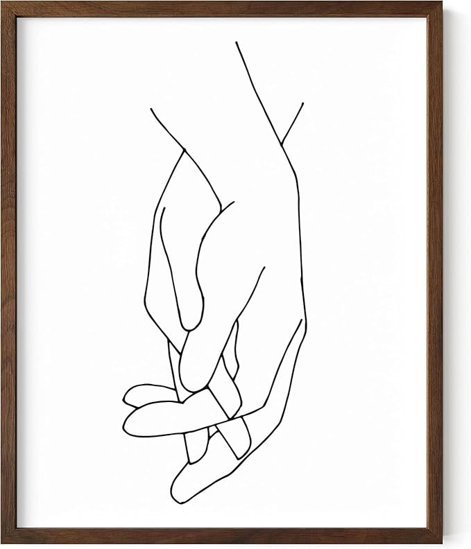 Holding Hands Wall Art Interlocking Fingers Connection Continuous Line Drawing 8x10 Inch Oak Wood Walnut Framed Modern Minimalist Unity Print for Bedroom