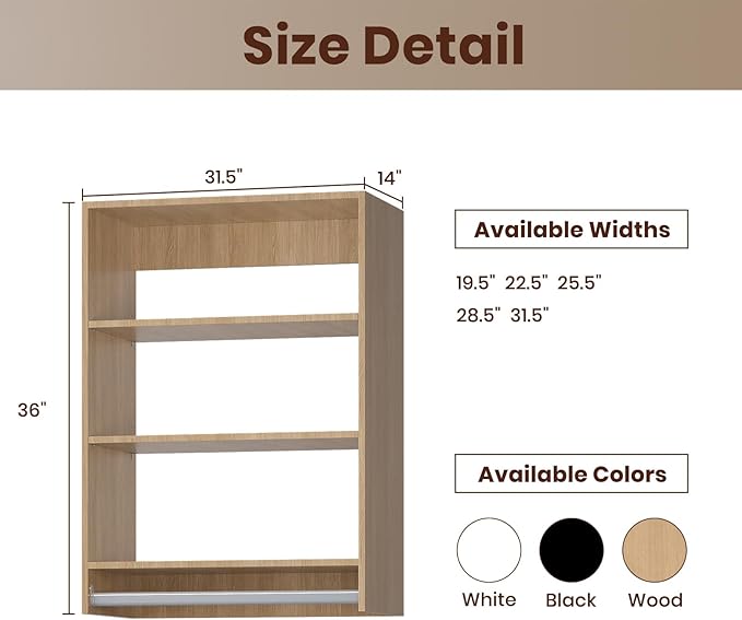 ROOMTEC 31.5" Medium Hanging Closet Unit, Modular Closet System with Hanging Rod, Wardrobe Organizer for Bedroom or Walk-in Closet, Wall Mounted, Customizable Clothes Storage Unit, Wood