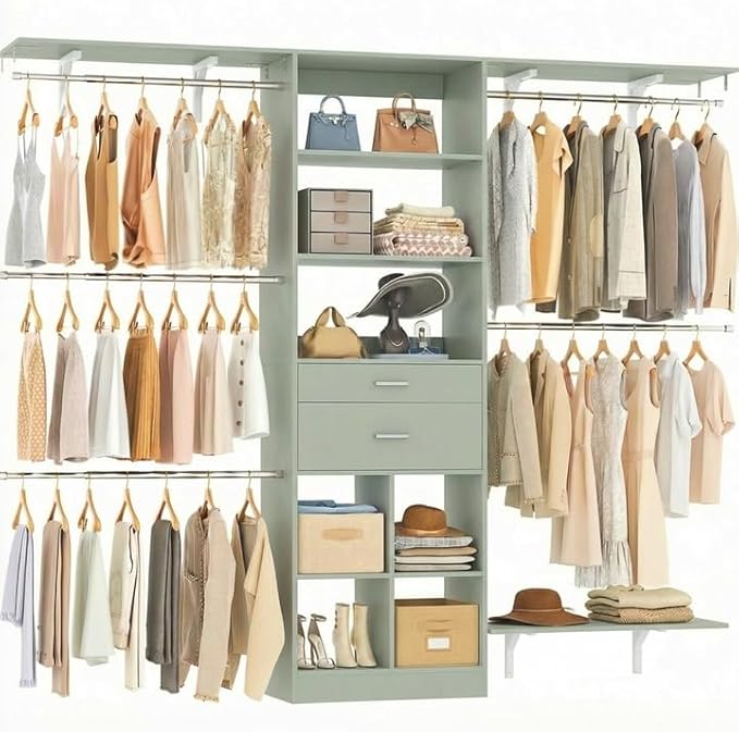 8FT Closet System - 96" Closet Organizer System with Wooden Drawers,Closet Systems for Walk-In Closets with Cuttable Hanging Shelving, Green
