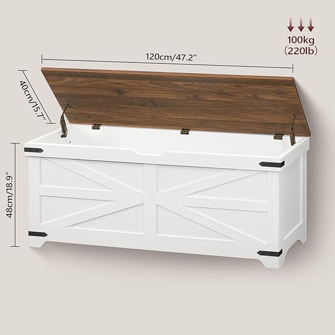 Large Toy Chest, 47.2" Wooden Toy Box with 2 Safety Hinges, Farmhouse Style Storage Bench, Blanket Storage Chest for Living Room, Entryway, Bedroom, White+Walnut SCBZ18601