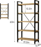 Real Solid Wood Bookshelf Shelves Rustic Vintage Industrial Etagere Bookshelf, Metal & Timber Free Vintage Bookcase, (Genuine Timber) (5-Tiers-Natural Finish)