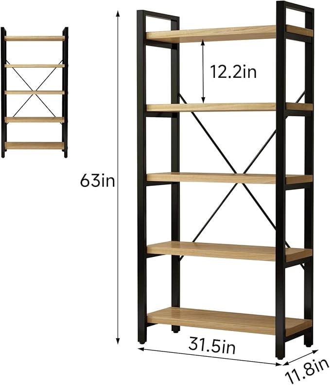 Real Solid Wood Bookshelf Shelves Rustic Vintage Industrial Etagere Bookshelf, Metal & Timber Free Vintage Bookcase, (Genuine Timber) (5-Tiers-Natural Finish)